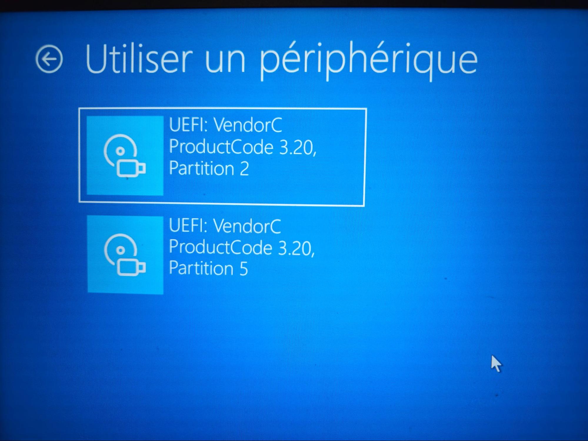 Liste des périphériques de démarrage disponibles dans le menu BIOS Windows